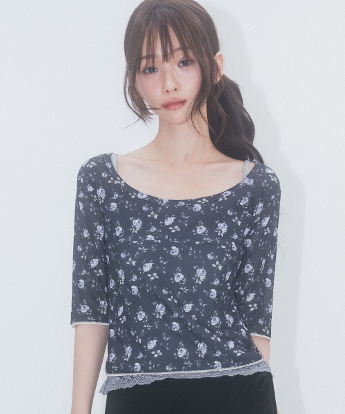 3/4 Sleeve Lace Floral T Shirt_Navy