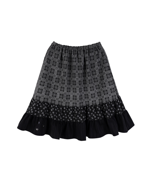 Mixed Check Tiered Midi Skirt_Black