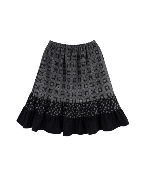 Mixed Check Tiered Midi Skirt_Black