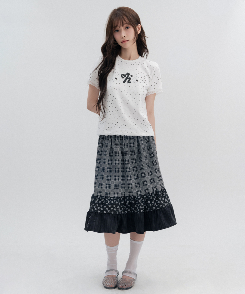 Mixed Check Tiered Midi Skirt_Black