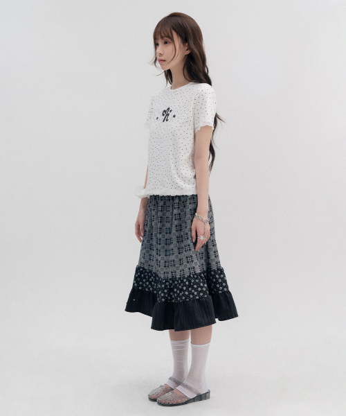 Mixed Check Tiered Midi Skirt_Black
