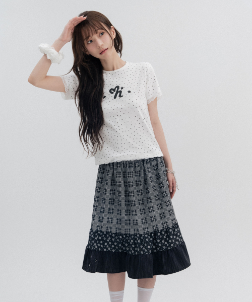 Mixed Check Tiered Midi Skirt_Black