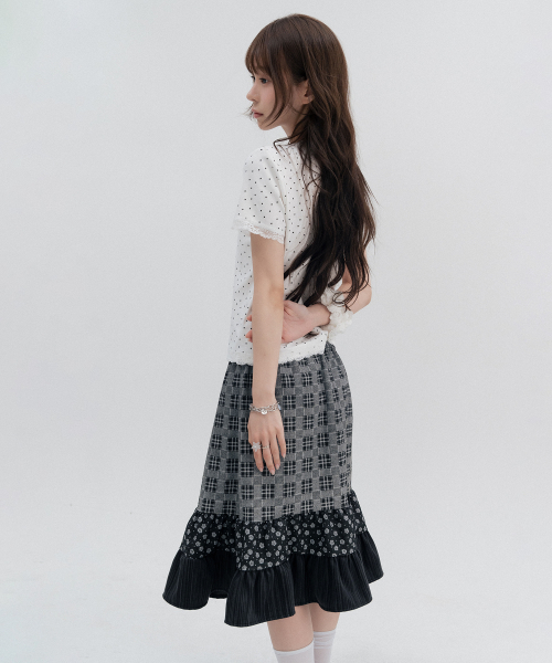 Mixed Check Tiered Midi Skirt_Black