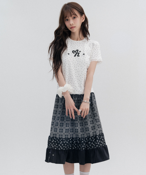 Mixed Check Tiered Midi Skirt_Black