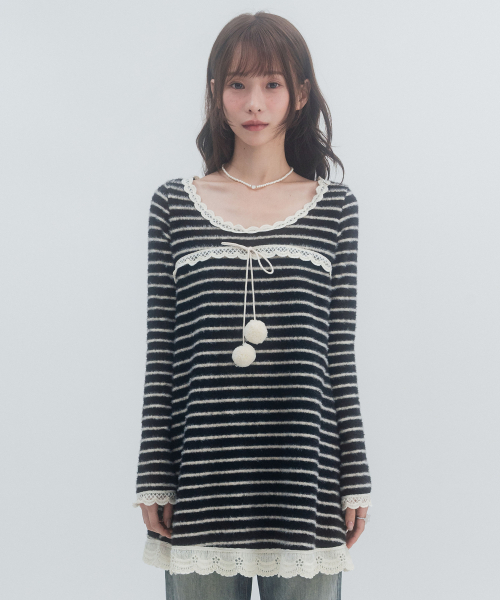 Striped knit pom-pom dress
