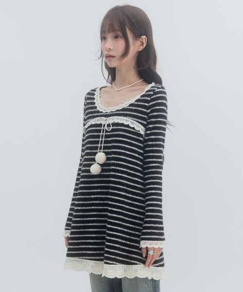 Striped knit pom-pom dress