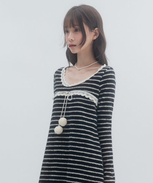 Striped knit pom-pom dress
