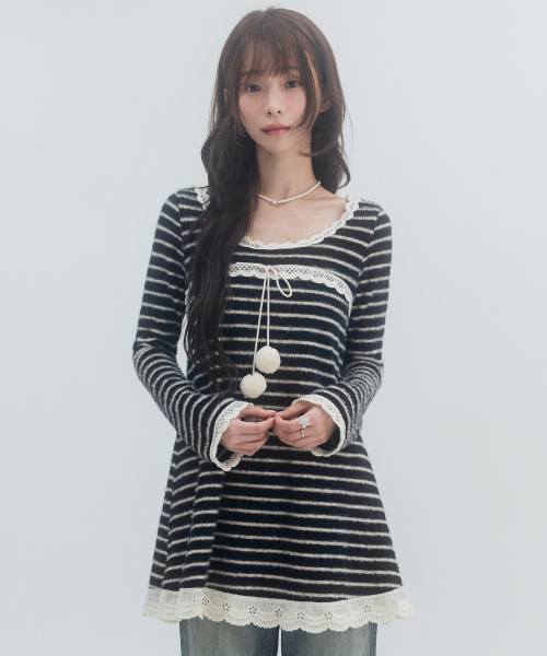Striped knit pom-pom dress