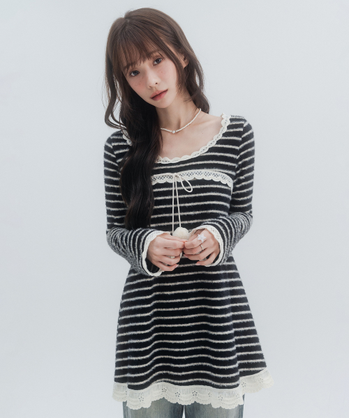 Striped knit pom-pom dress