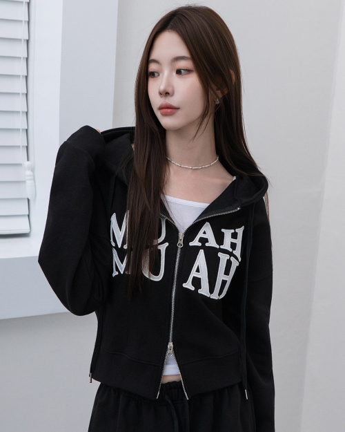 [SET] WAVE STITCH HOOD ZIPUP BANDING PANTS SET UP [BLACK]
