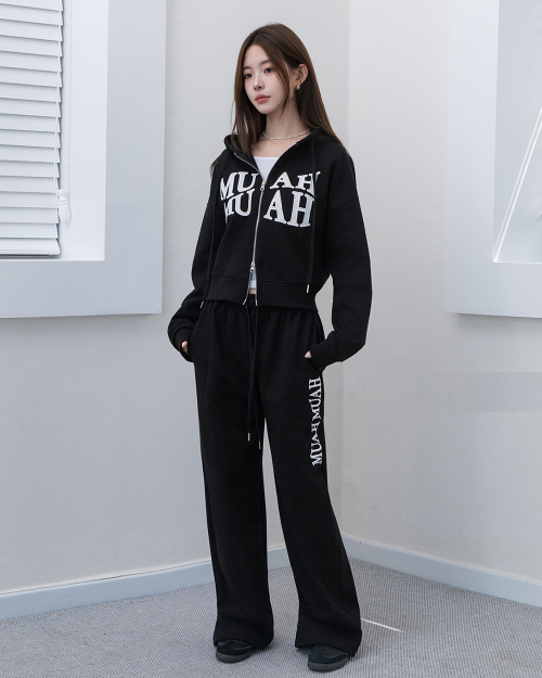 [SET] WAVE STITCH HOOD ZIPUP BANDING PANTS SET UP [BLACK]