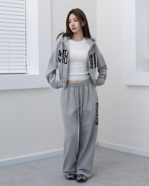 [SET] WAVE STITCH HOOD ZIPUP BANDING PANTS SET UP [GRAY]