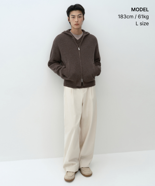 [빅토리아 울] 리브드 후디드 니트 집업