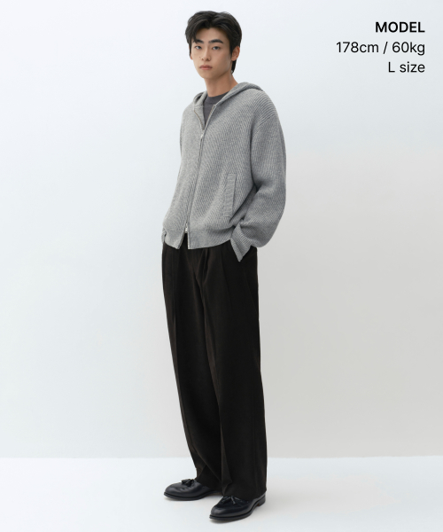 [빅토리아 울] 리브드 후디드 니트 집업