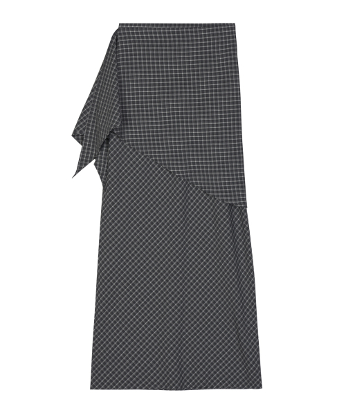 DRAPE WRAP CHECK LONG SKIRT_BLACK