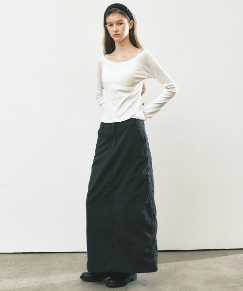 NICOLE SHIRRING LONG SKIRT_BLACK