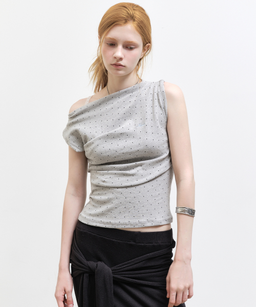 DOT SHIRRING DRAPE SLEEVELESS TOP_GRAY