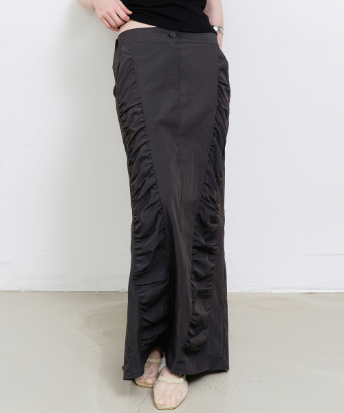 SHIRRING PANEL LONG SKIRT_CHARCOAL