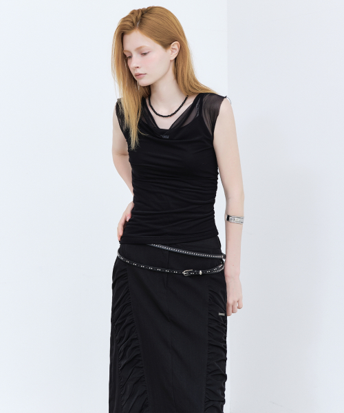 SHIRRING PANEL LONG SKIRT_BLACK