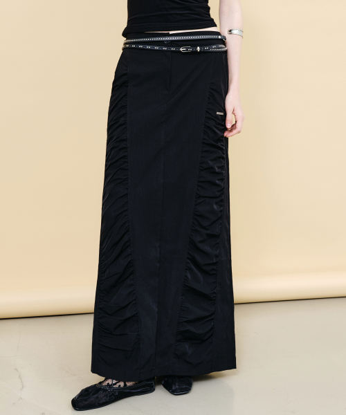 SHIRRING PANEL LONG SKIRT_BLACK