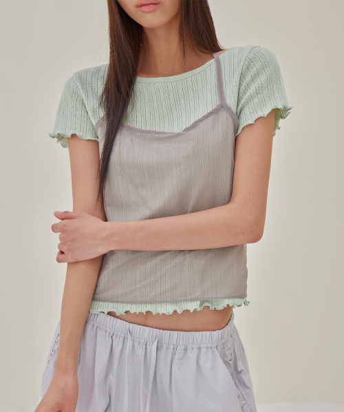 Mesh Halter Layered T-Shirt, SAGE GREEN