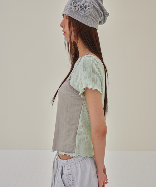 Mesh Halter Layered T-Shirt, SAGE GREEN