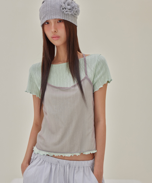 Mesh Halter Layered T-Shirt, SAGE GREEN