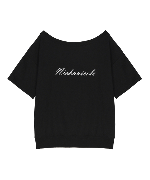 OFF SHOULDER LETTERING SWEAT TOP_BLACK