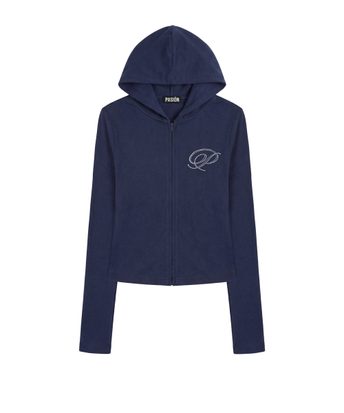 Slim Crystal Glam Hoodie Zip-Up_Navy