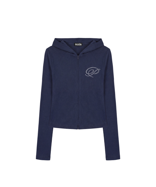Slim Crystal Glam Hoodie Zip-Up_Navy
