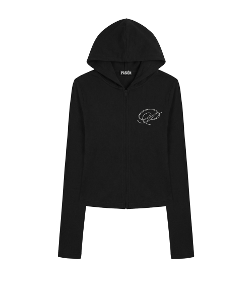 Slim Crystal Glam Hoodie Zip-Up_Black