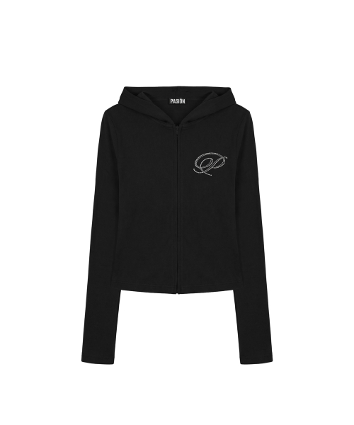Slim Crystal Glam Hoodie Zip-Up_Black