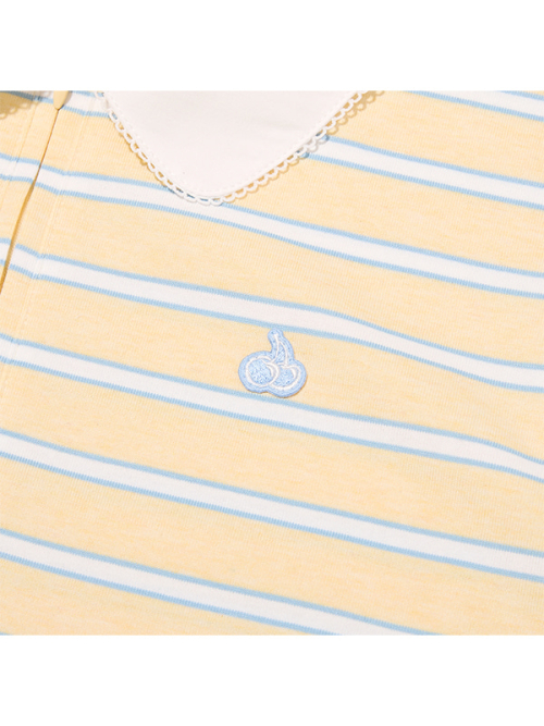 HALF NECK STRIPE LOOSE-FIT COLLAR T-SHIRT [LIGHT YELLOW]