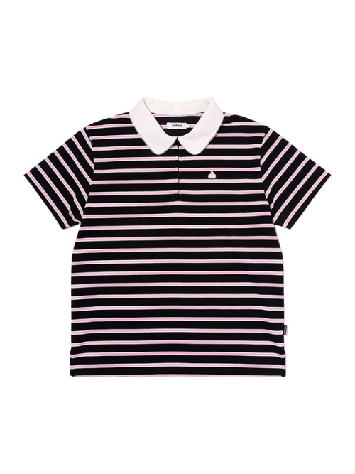 HALF NECK STRIPE LOOSE-FIT COLLAR T-SHIRT [BLACK]