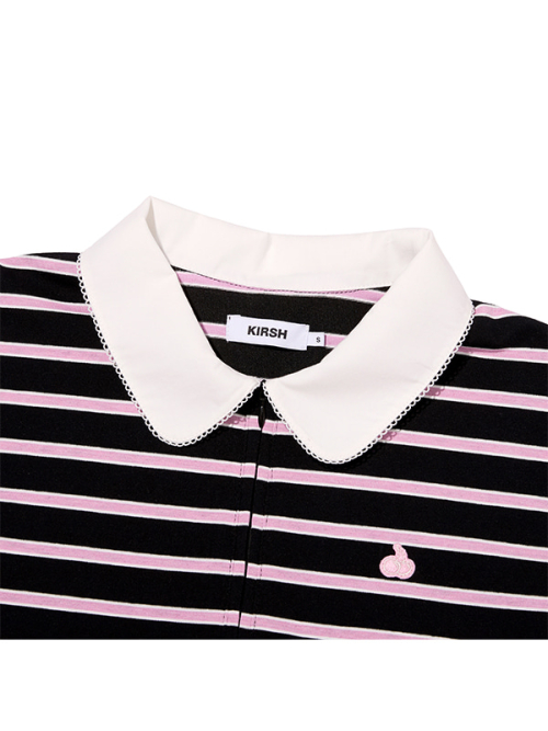 HALF NECK STRIPE LOOSE-FIT COLLAR T-SHIRT [BLACK]
