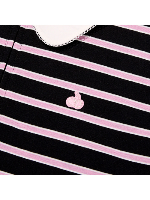 HALF NECK STRIPE LOOSE-FIT COLLAR T-SHIRT [BLACK]