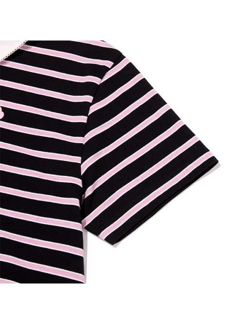HALF NECK STRIPE LOOSE-FIT COLLAR T-SHIRT [BLACK]