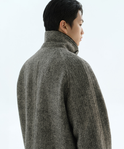 울 블렌드 헤링본 오버사이즈 하프 발마칸 코트
