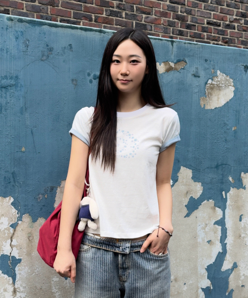 STAR Swirl Layered Roll-Up Short Sleeve T-Shirt WHITE