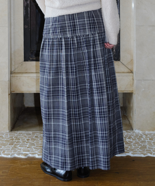 CHECK YOKE LONG SKIRT - NAVY