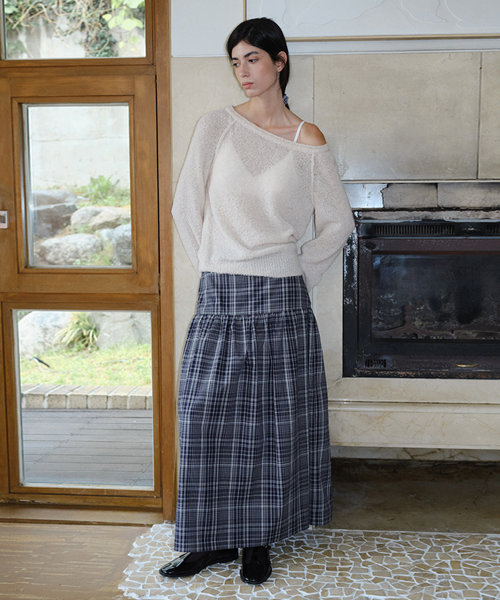 CHECK YOKE LONG SKIRT - NAVY