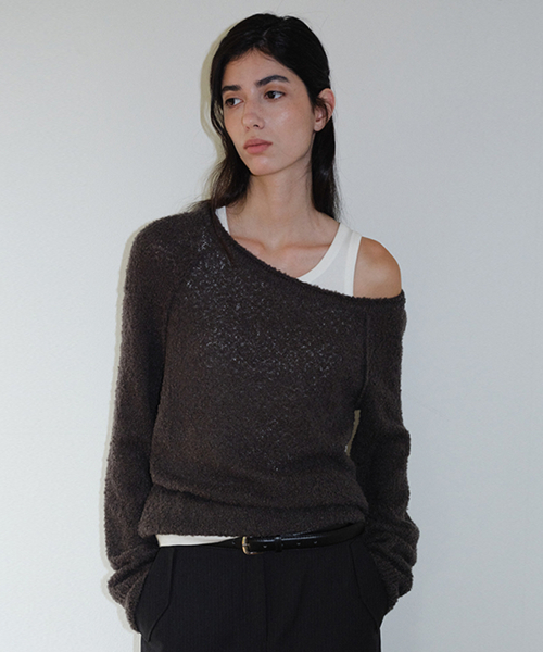BOUCLE ONE SHOULDER PULLOVER - CHARCOAL