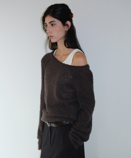 BOUCLE ONE SHOULDER PULLOVER - CHARCOAL