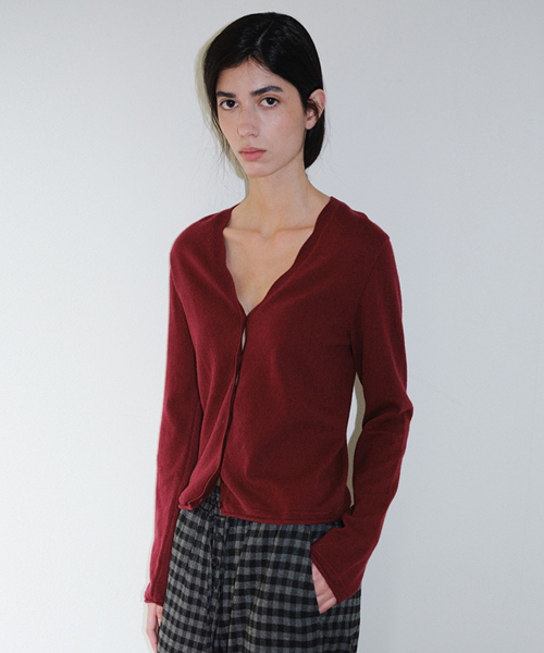 WAVE V NECK WOOL CARDIGAN - WINE