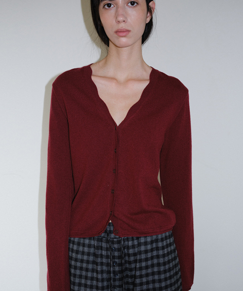 WAVE V NECK WOOL CARDIGAN - WINE