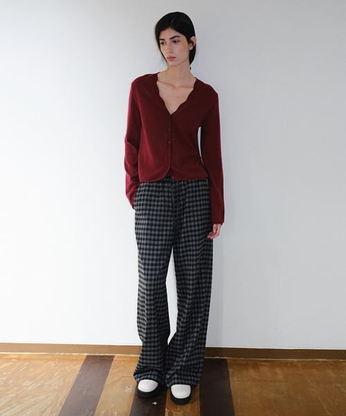 WAVE V NECK WOOL CARDIGAN - WINE