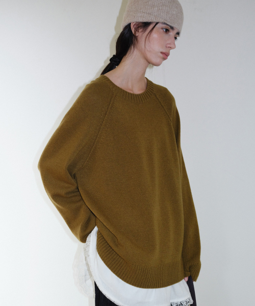 WOOL BLEND RAGLAN PULLOVER - OLIVE