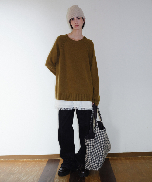 WOOL BLEND RAGLAN PULLOVER - OLIVE