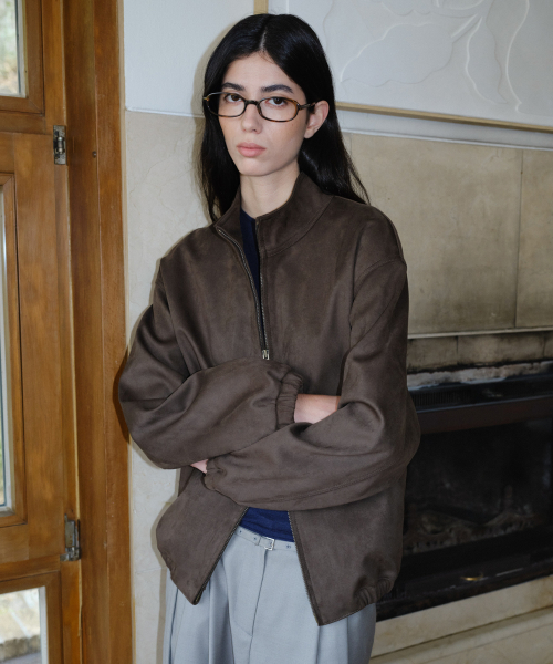 HIGH NECK SUEDE BLOUSON - DARK BROWN