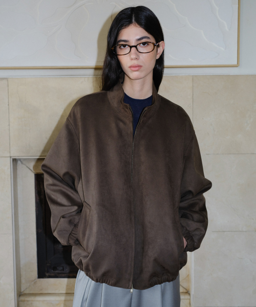 HIGH NECK SUEDE BLOUSON - DARK BROWN